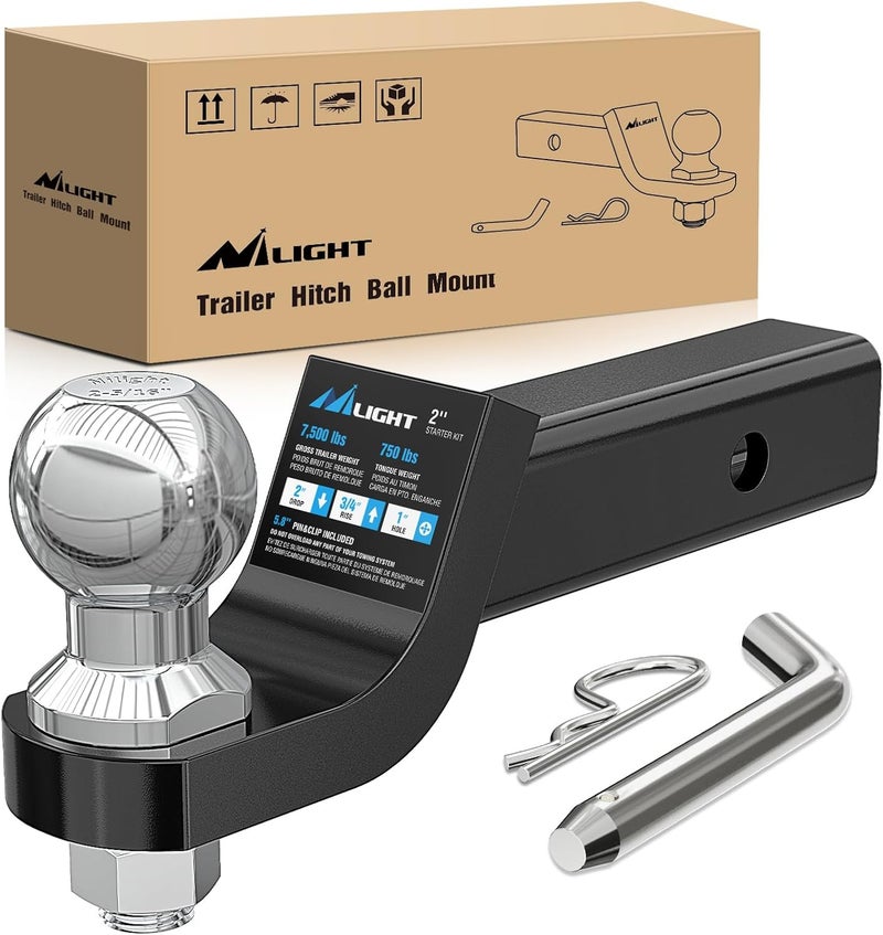 Nilight Trailer Hitch Ball Mount with 2-5/16Inch Trailer Ball & 5/8" Hitch Pin Clip Fits 2-Inch Receiver 7500 lbs 2" Drop - Image 1
